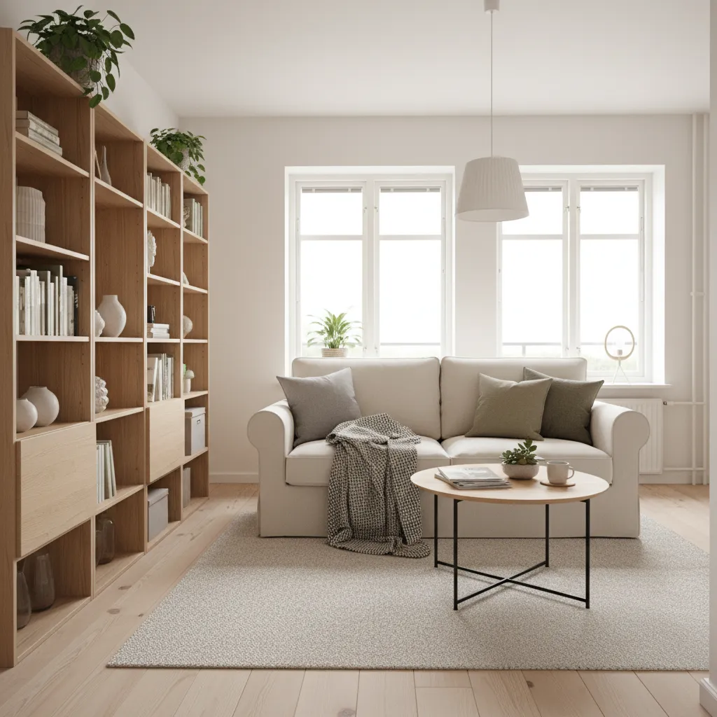 Salón pequeño optimizado con muebles modulares estilo IKEA