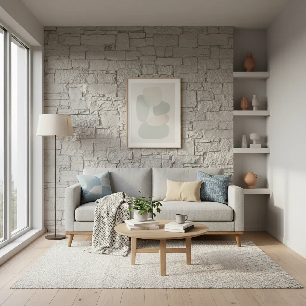 Salón pequeño con pared parcial de piedra clara y muebles modernos