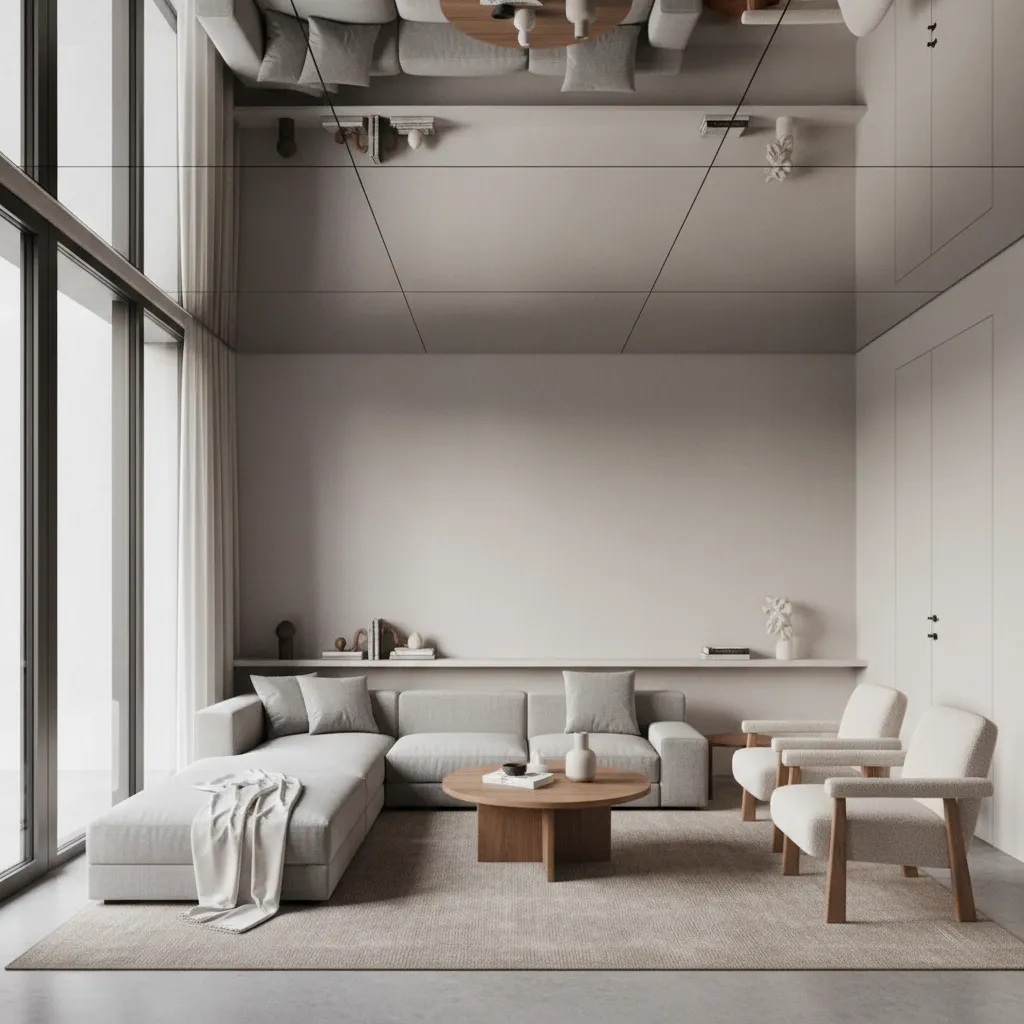 Salón pequeño con techo espejo que amplía visualmente la altura del espacio