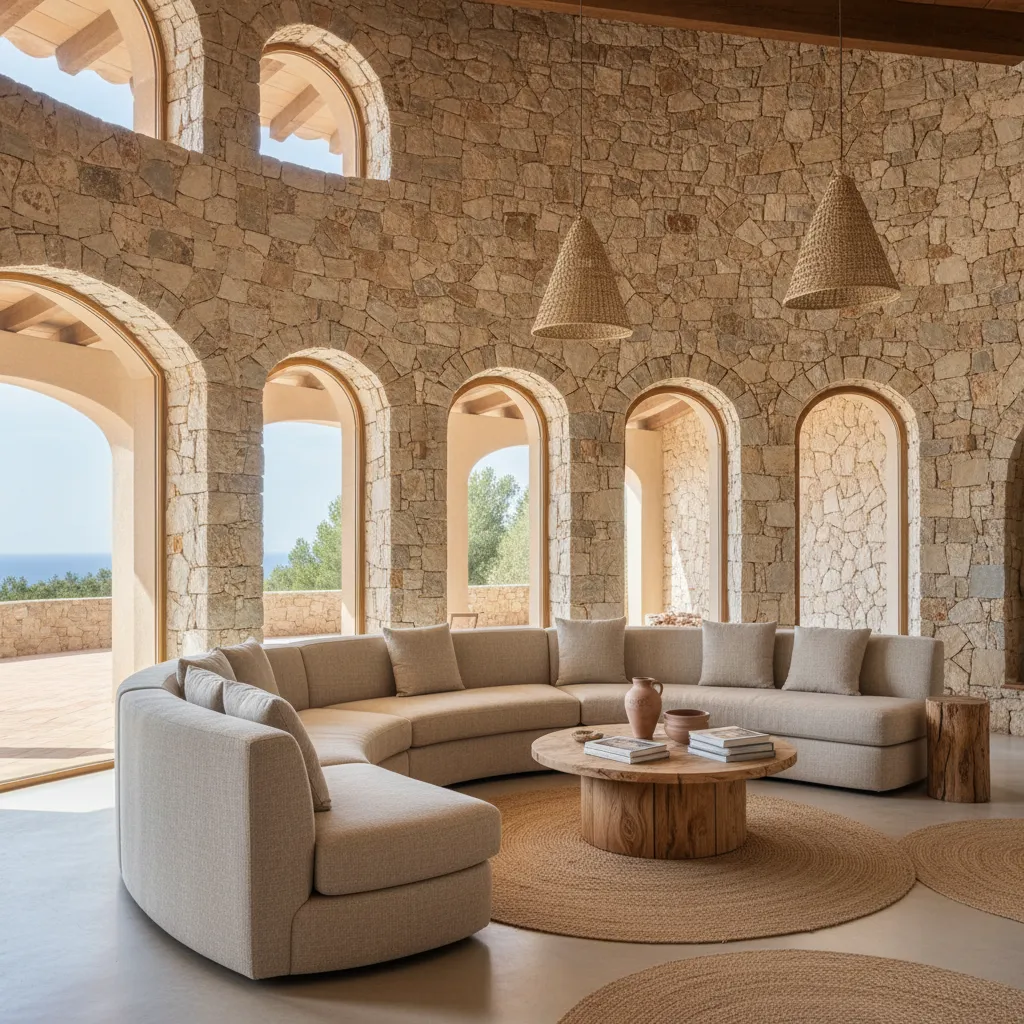 Large curved sofa in stone wall room with wooden coffee table and woven ceiling lights