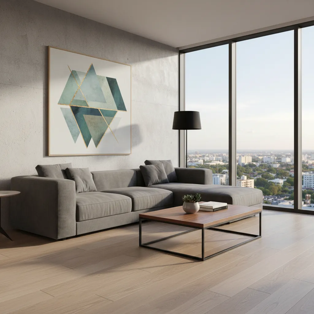 Modern living room with grey sofa wooden coffee table black floor lamp and city view