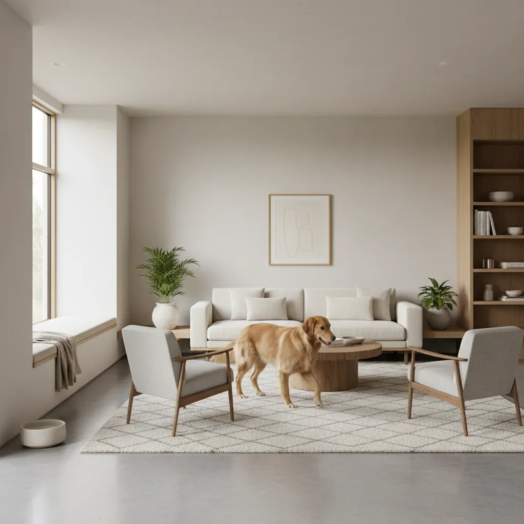 Salón minimalista preparado para convivir con perro
