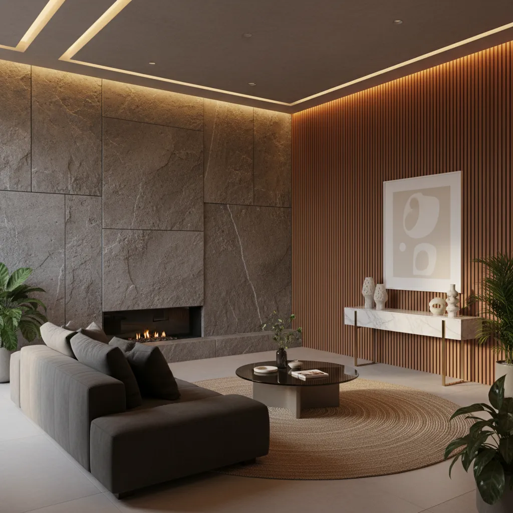 Salón moderno combinando pared de piedra con paneles de madera e iluminación cálida