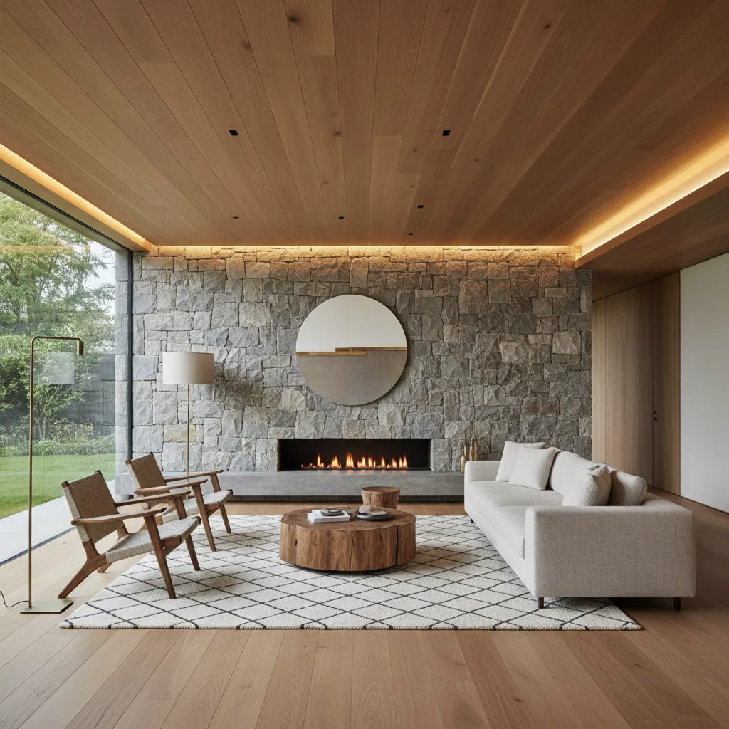Salón con combinación de piedra natural y madera