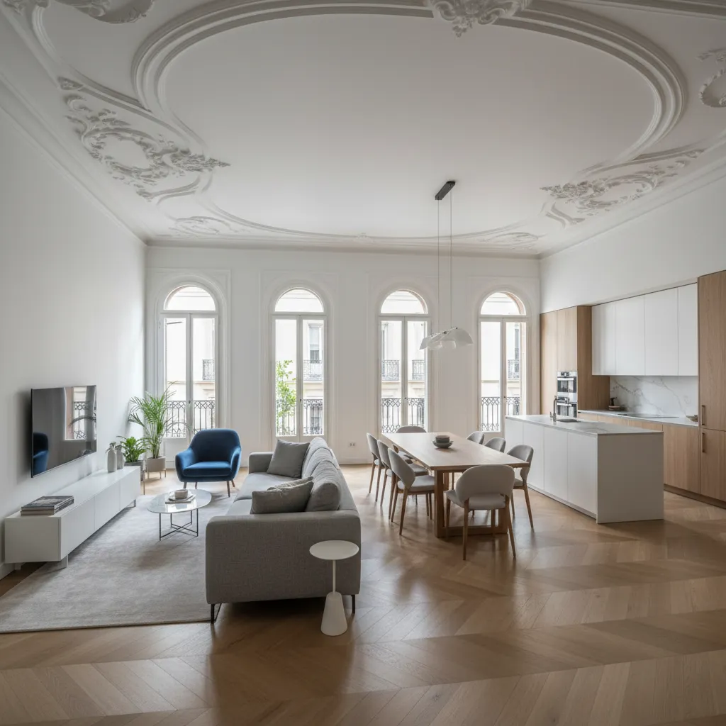 Salón reformado en un piso del Eixample con distribución abierta entre cocina y comedor