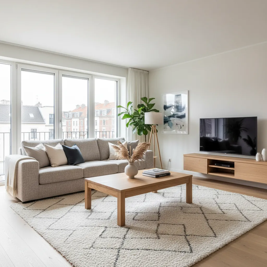 Interior de salón decorado en un piso moderno con sofá claro y mesa de centro