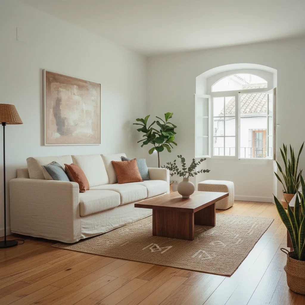 Salón de piso español con muebles proporcionales y buena iluminación