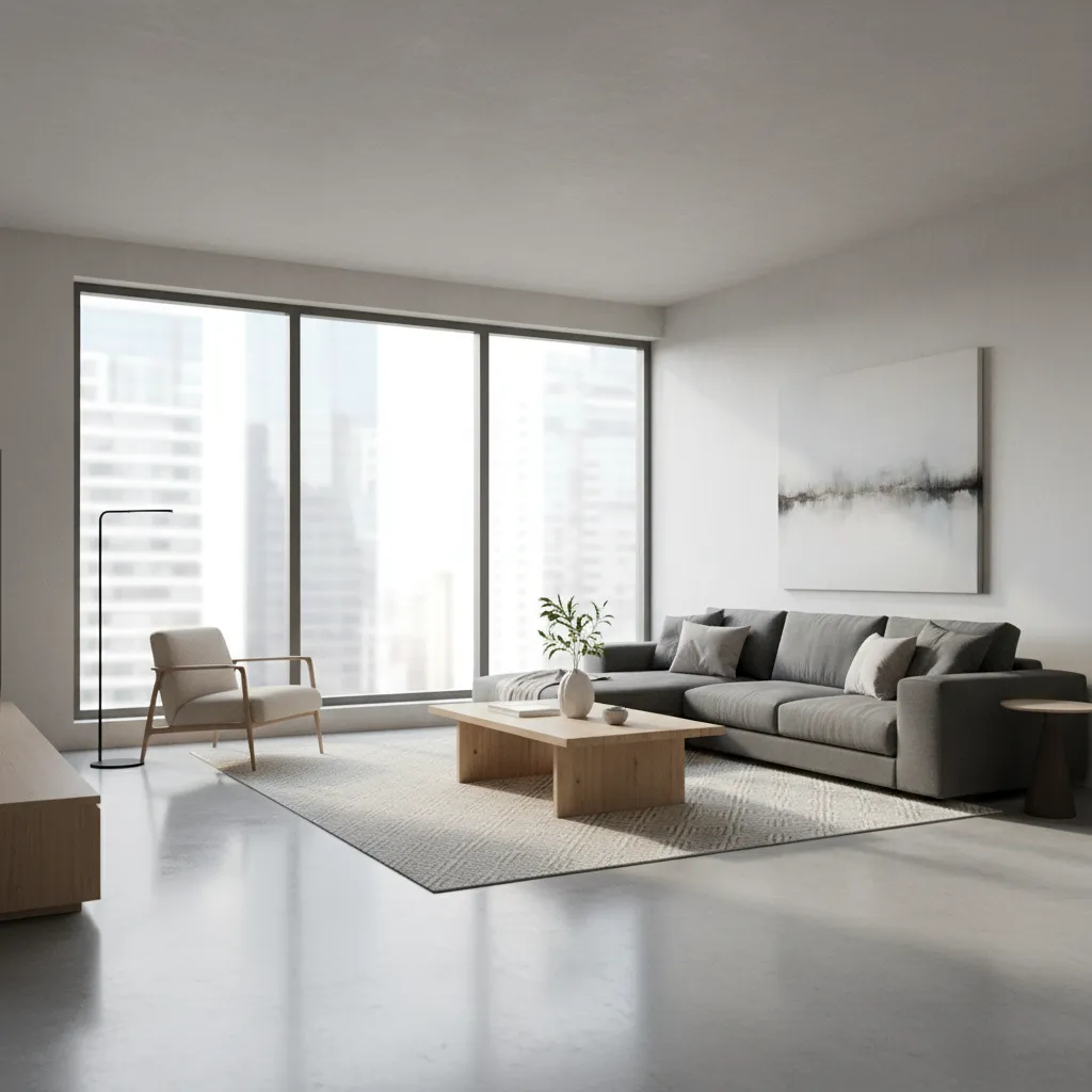 Salón moderno con piso gris y decoración minimalista