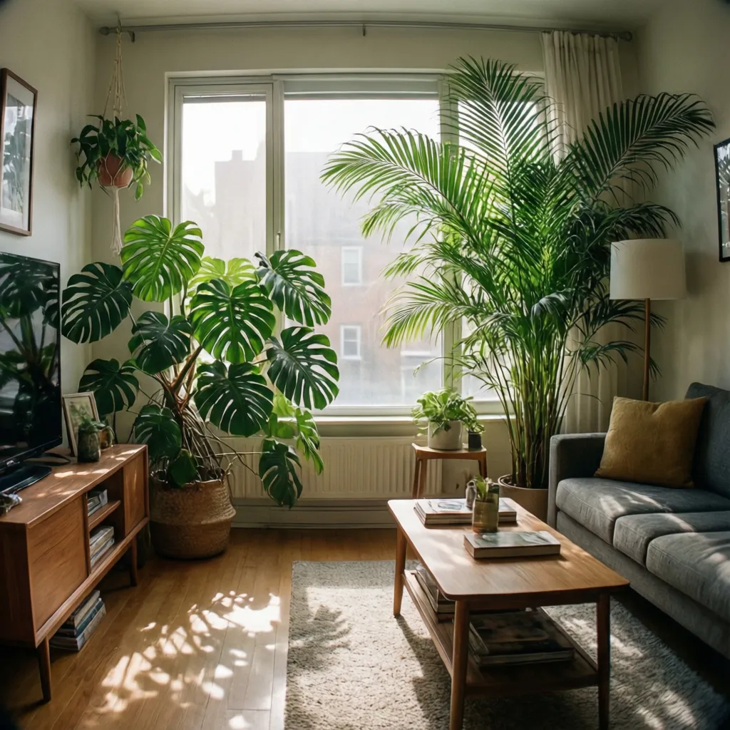 Salón con varias plantas de interior cerca de una ventana luminosa
