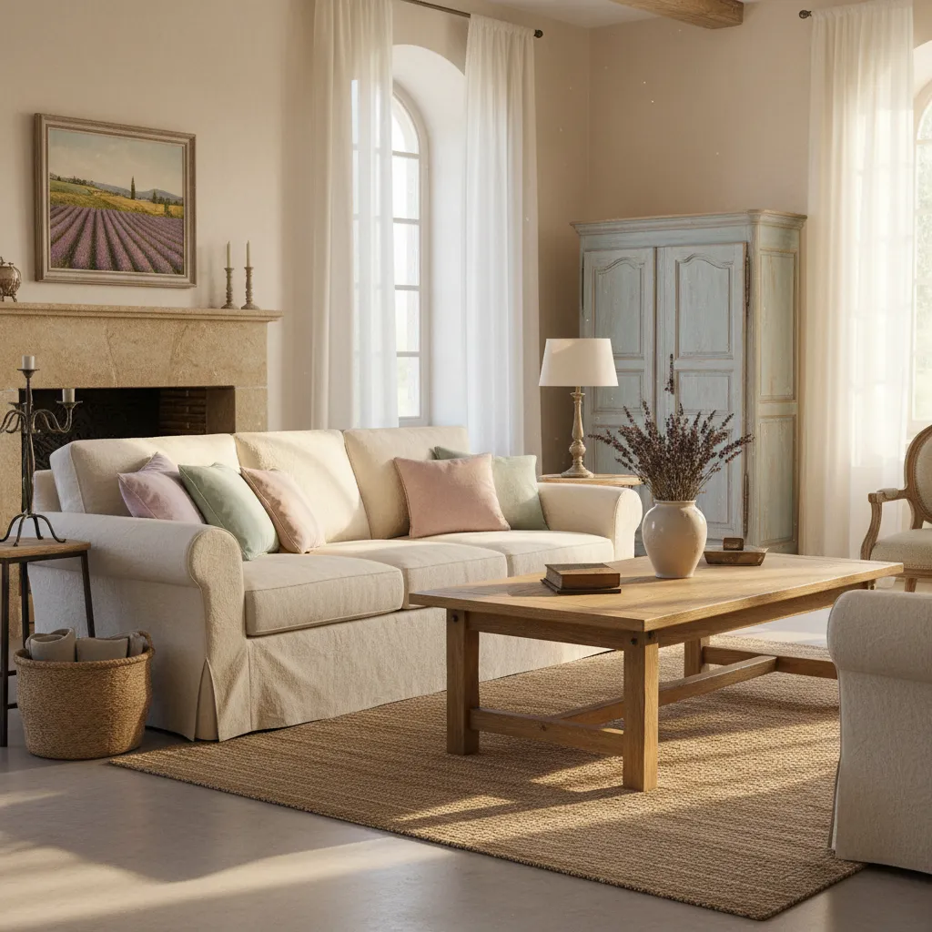Sala de estar estilo provenzal con sofá de lino y muebles envejecidos