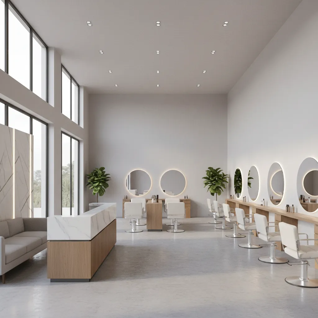 salon reception area leading into styling chair stations in an open layout
