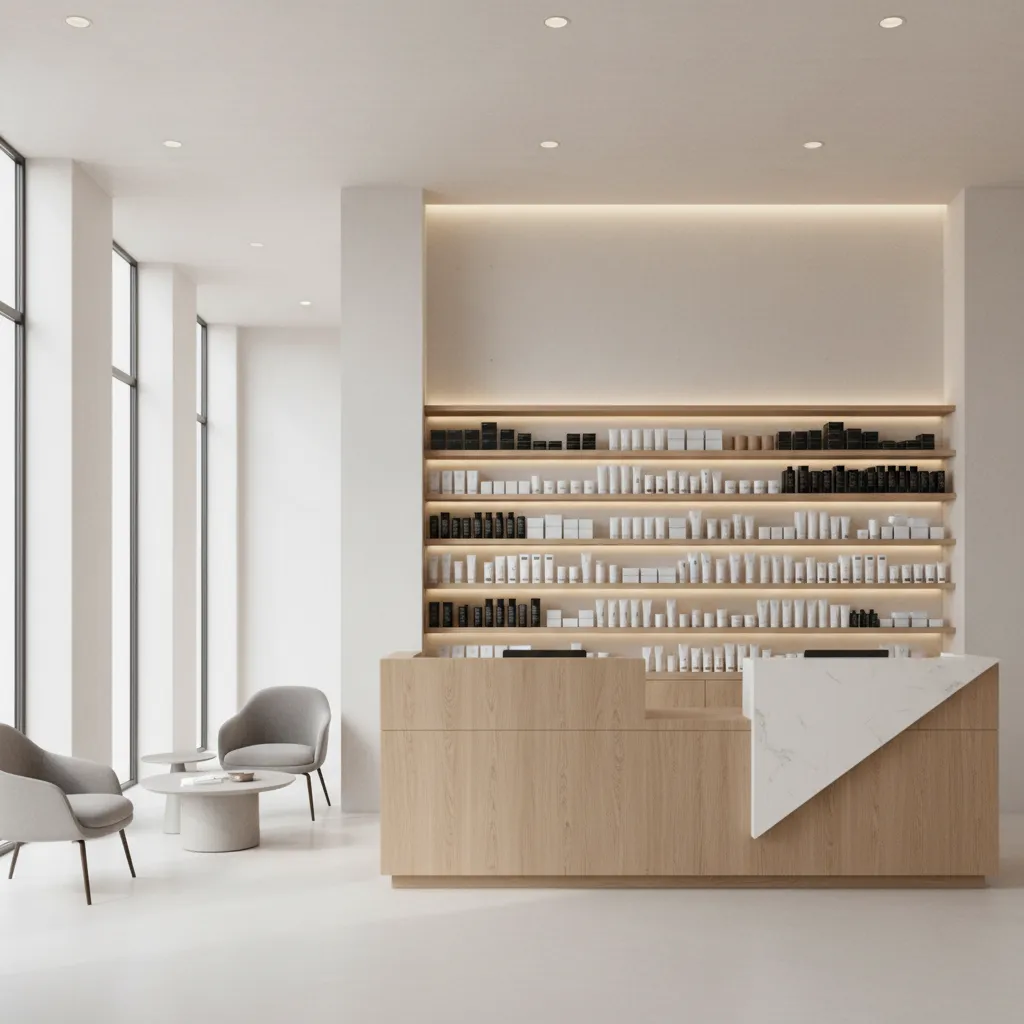 salon reception desk with retail product shelves and waiting area