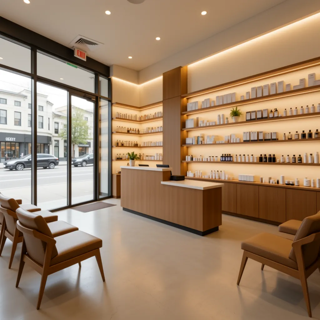 salon reception desk with organized waiting area near entrance