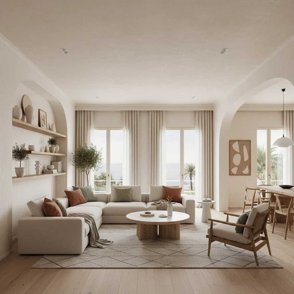 Salón moderno con distribución optimizada en vivienda mediterránea