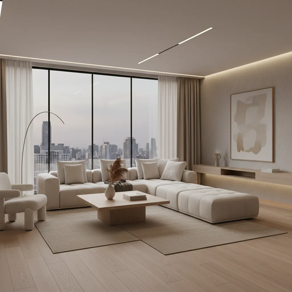 Render 3D de un salón moderno utilizado para visualizar un proyecto de interiorismo