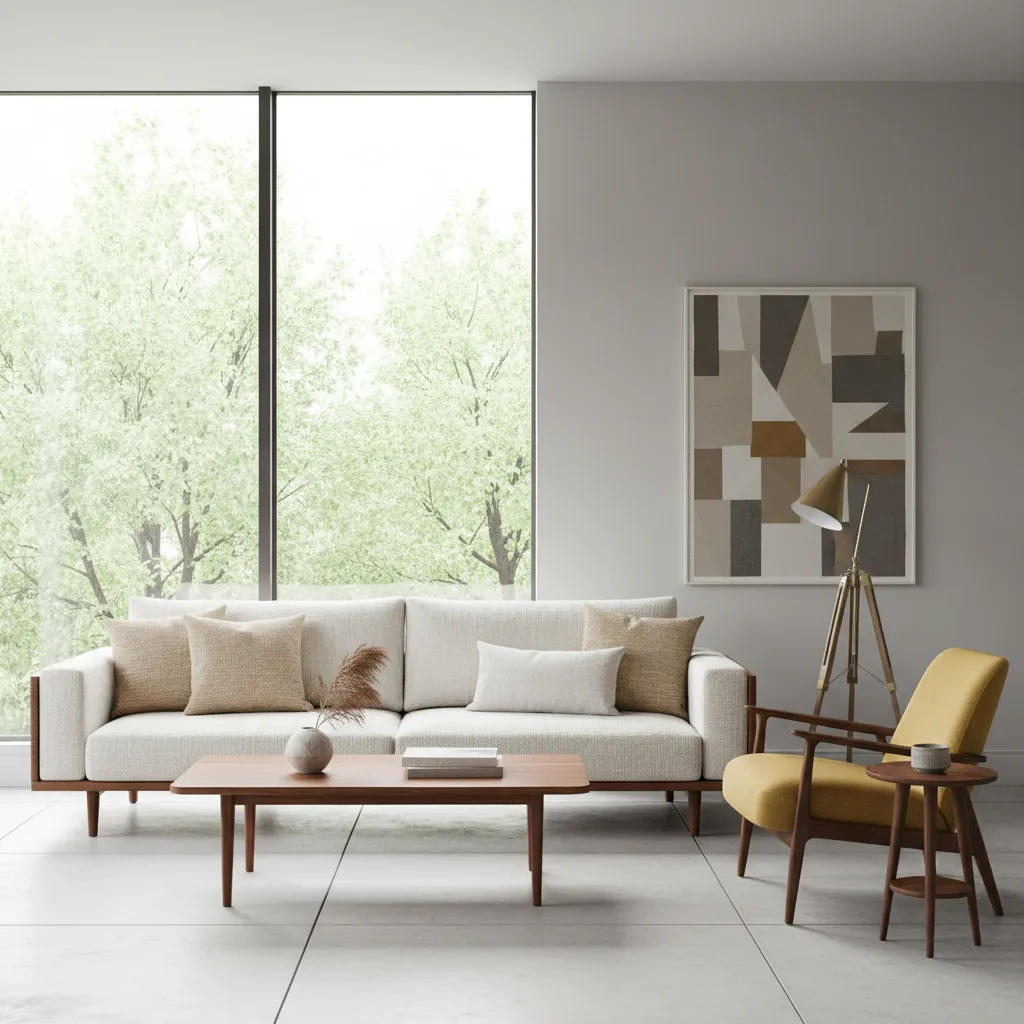 Salón que mezcla muebles contemporáneos con piezas estilo años 50