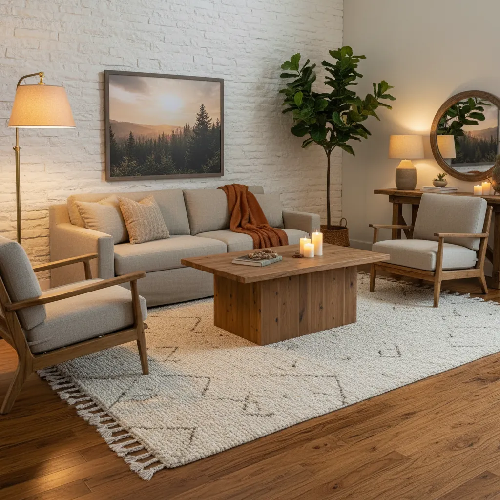 Salón rústico con sofá neutro y mesa de madera maciza