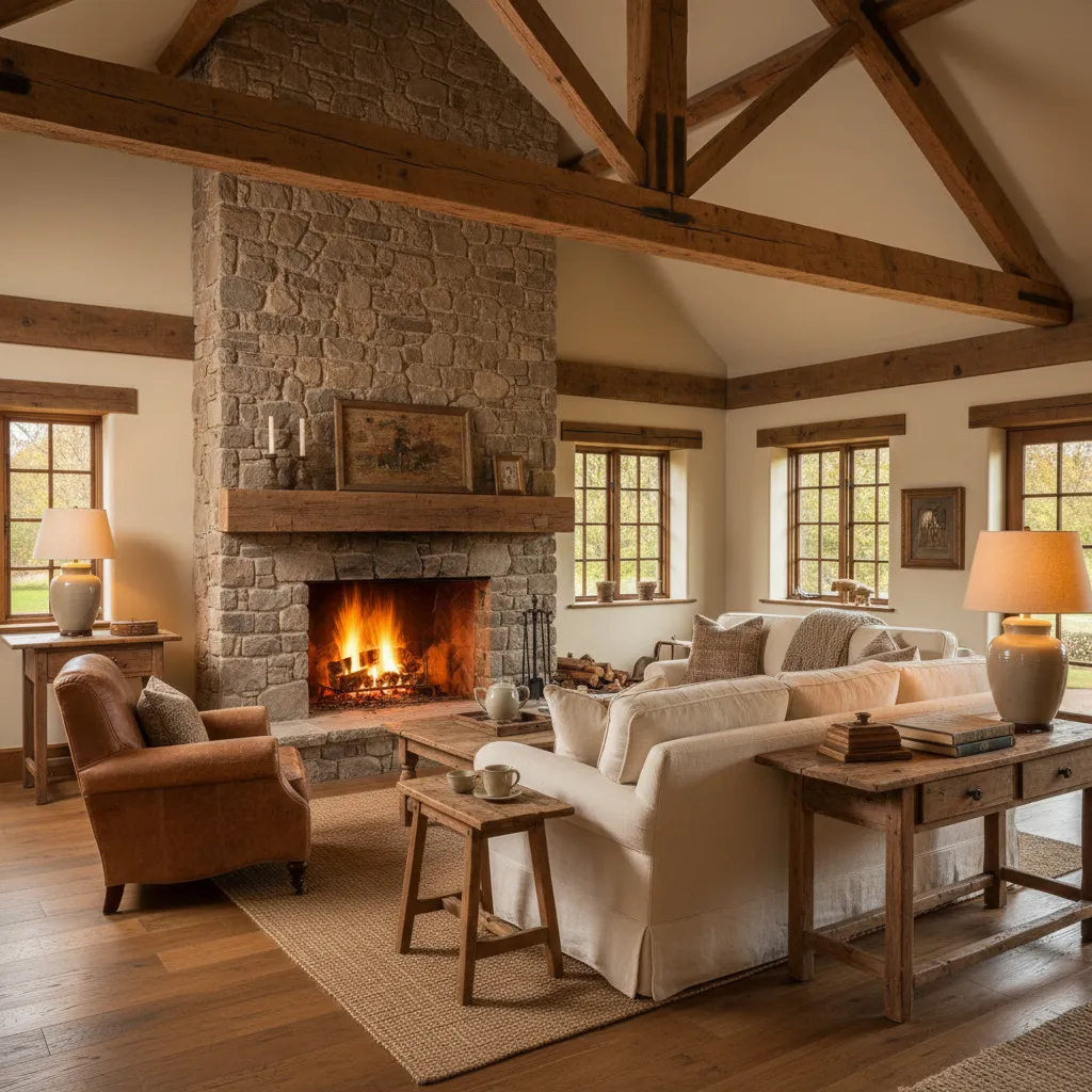 Spacious living room with stone fireplace, white sofa, leather armchair, wooden beams, and bright windows