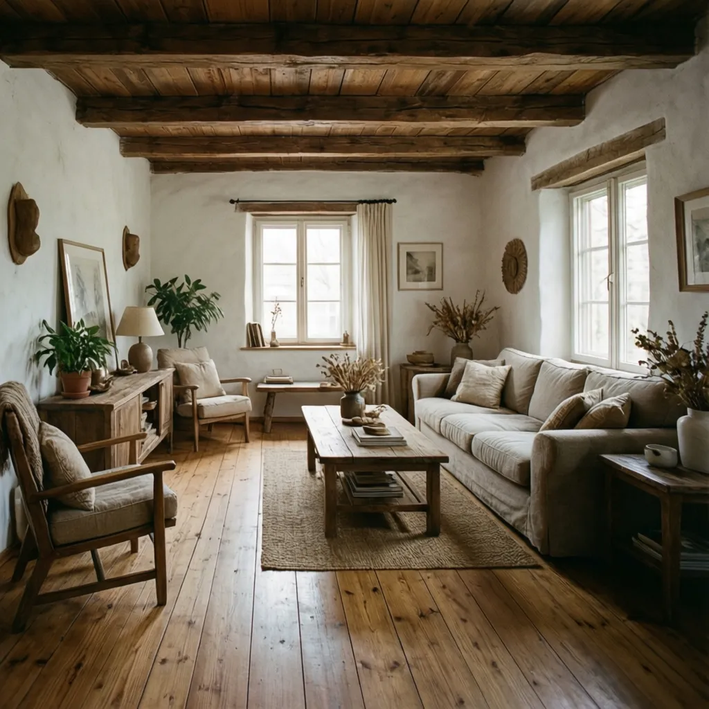 Salón rústico con vigas de madera y paredes claras