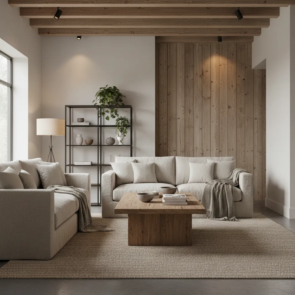 Salón urbano con muebles de madera y decoración rústica minimalista
