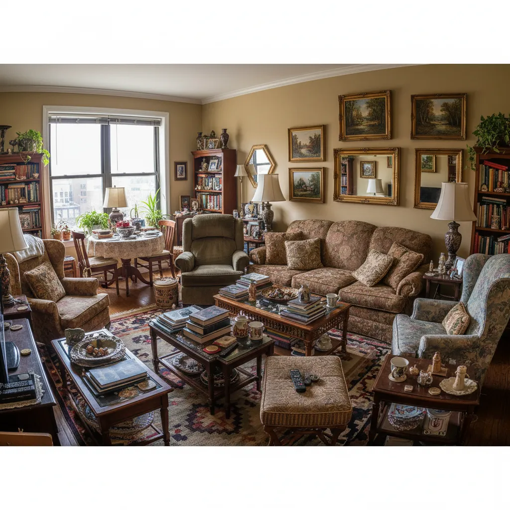 Salón pequeño con demasiados muebles y mala distribución