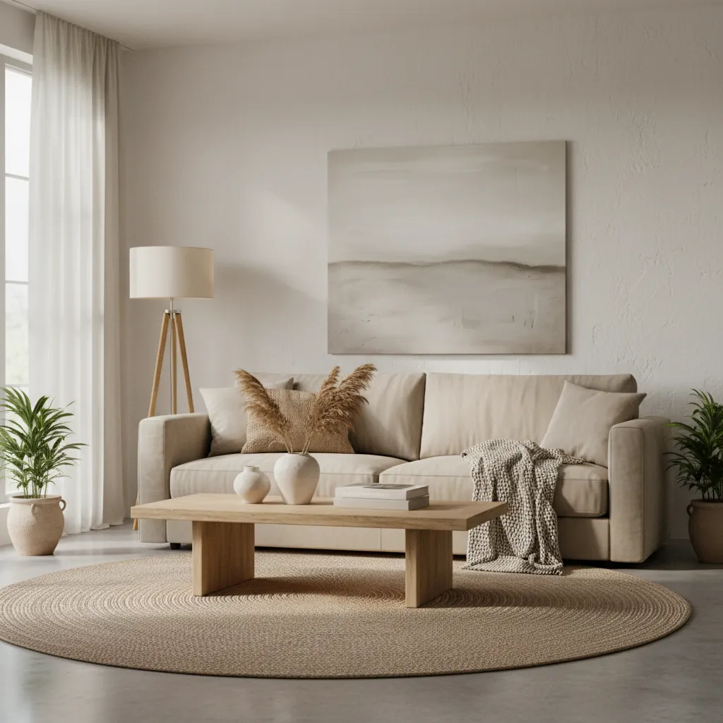 Salón sencillo con sofá claro, mesa de madera y decoración mínima