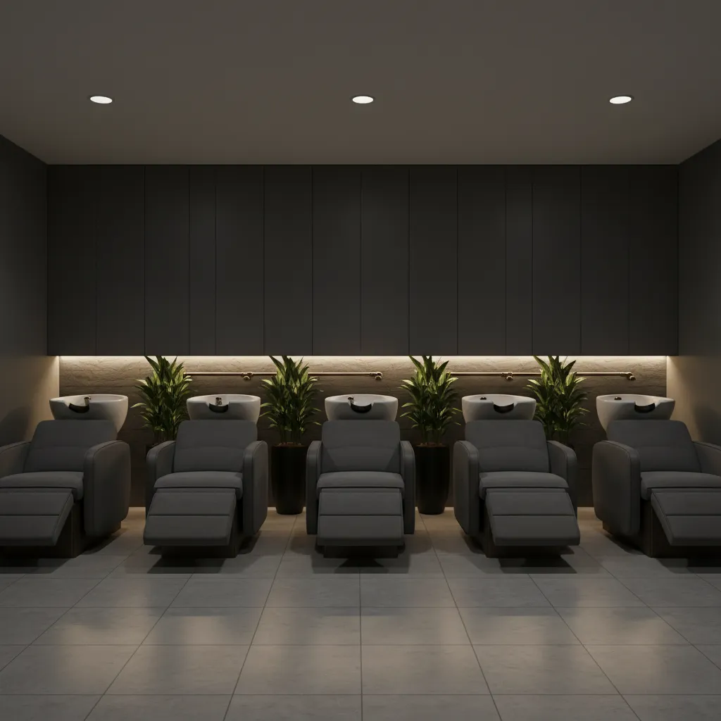 modern salon shampoo area with reclining chairs and wash basins