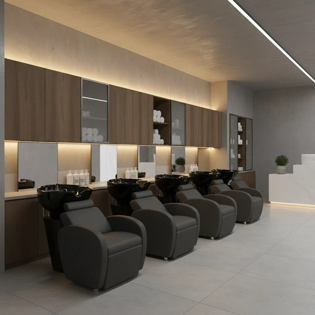 Hair salon shampoo bowl area placed along wall with storage behind