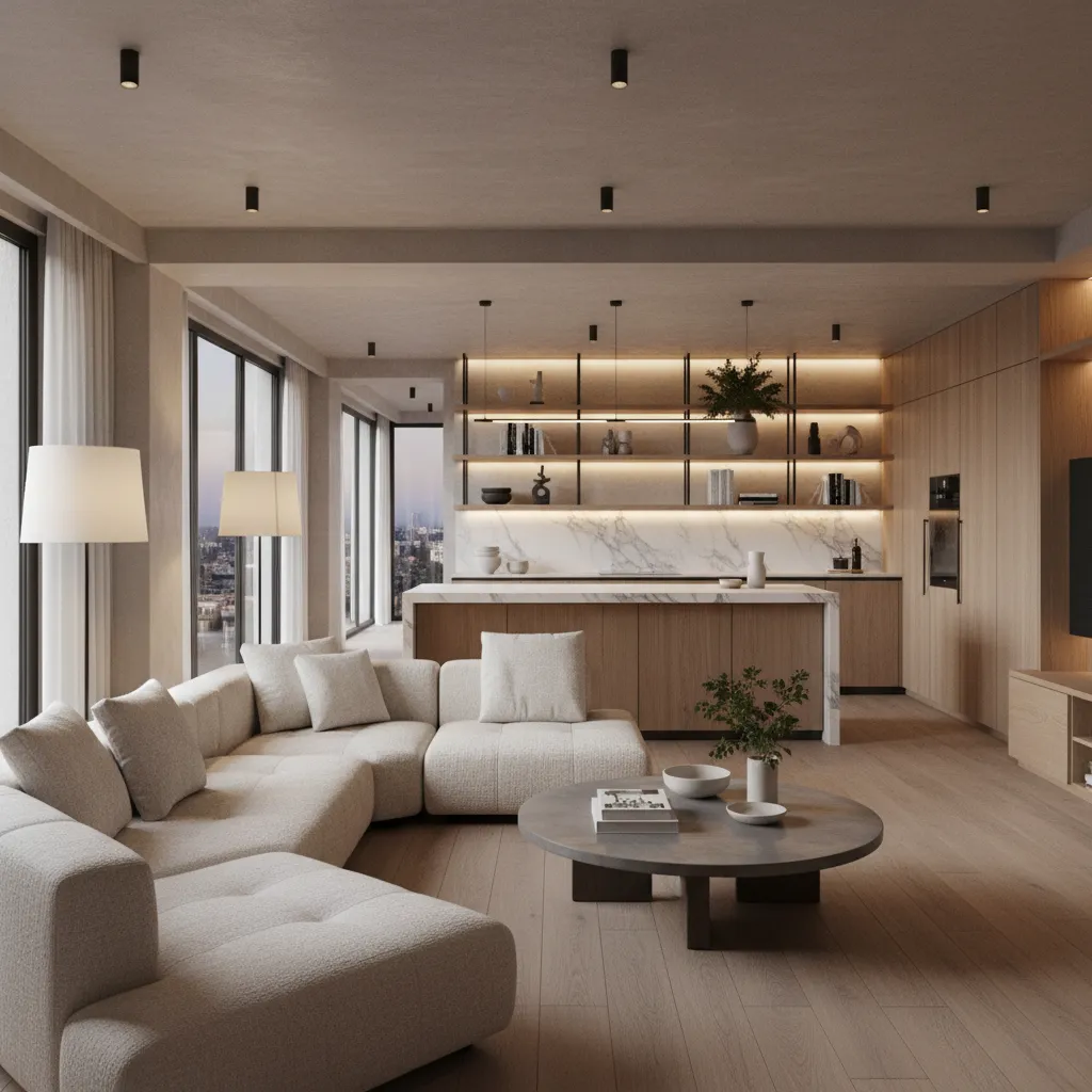 Open living area with cream sofa, gray coffee table, wood kitchen cabinets, and floor lamps