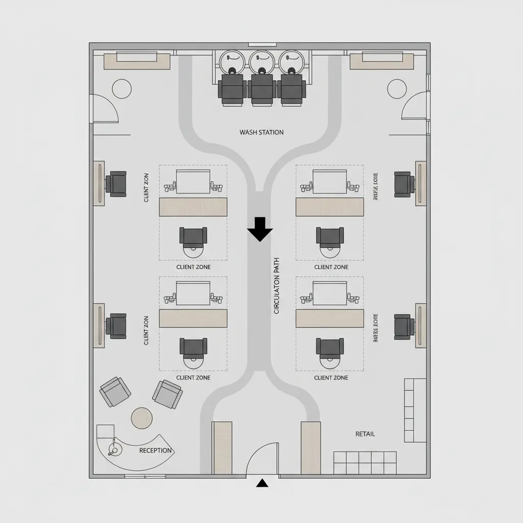 Salon floor layout showing spacing between styling chairs and walkways