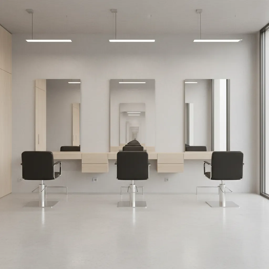 Hair salon styling stations with proper spacing between chairs