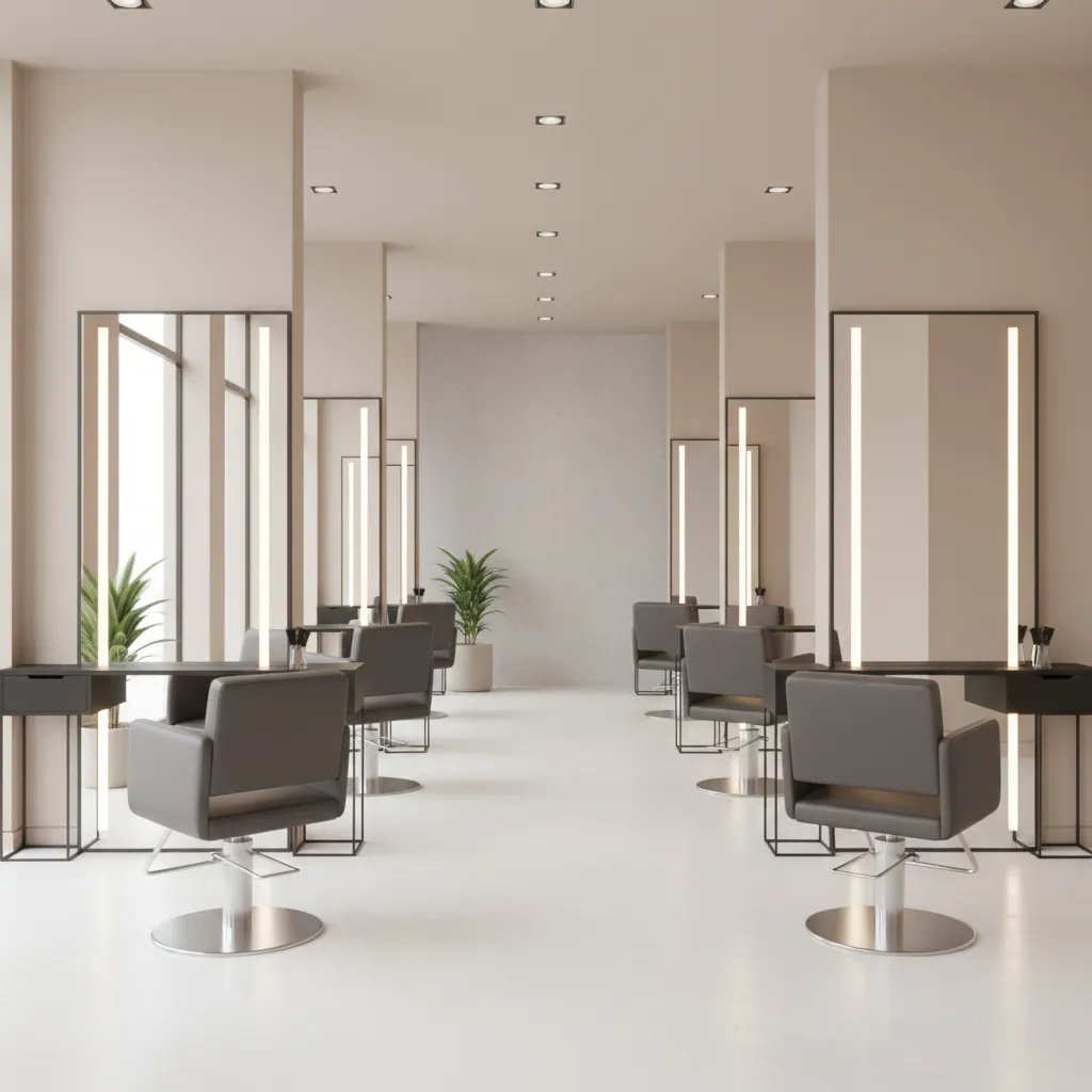 Hair salon styling stations spaced with wide walkway behind chairs