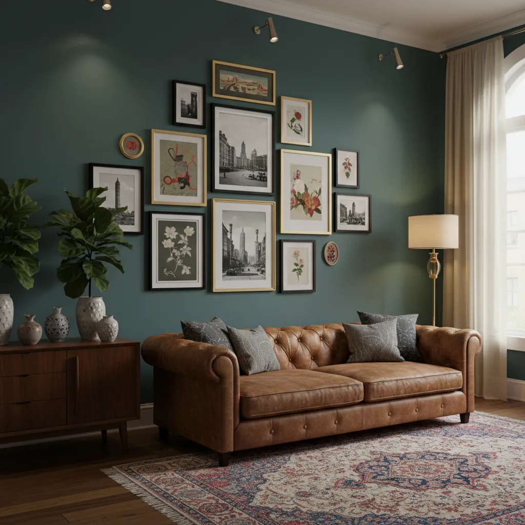 Salon style gallery wall using multiple 8x10 frames arranged densely with artistic layering