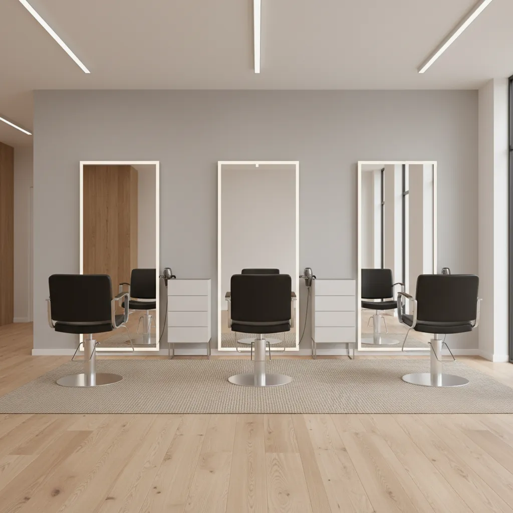 professional hair salon styling stations spaced evenly with mirrors and chairs