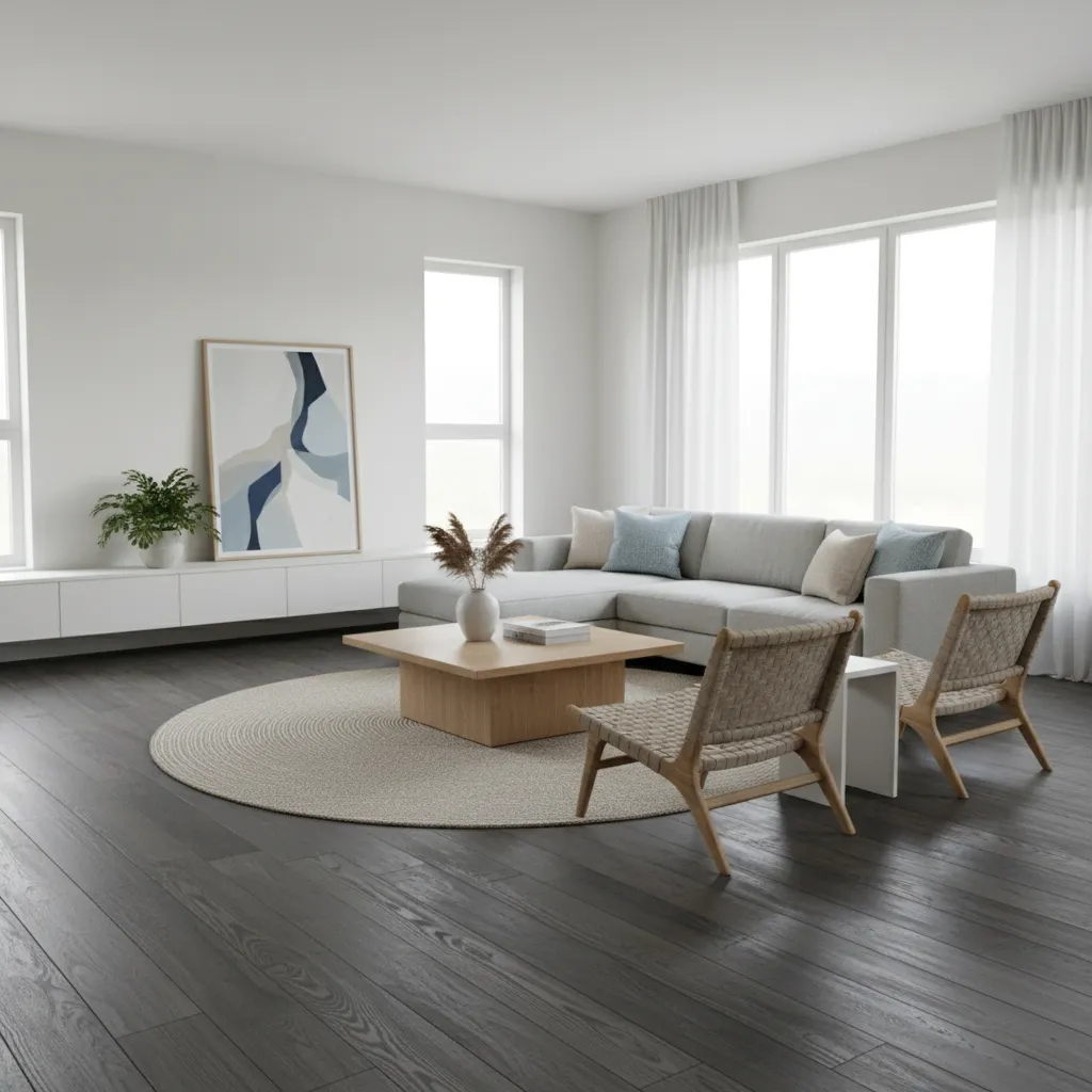 Salón luminoso con suelo de madera gris oscuro y paredes blancas