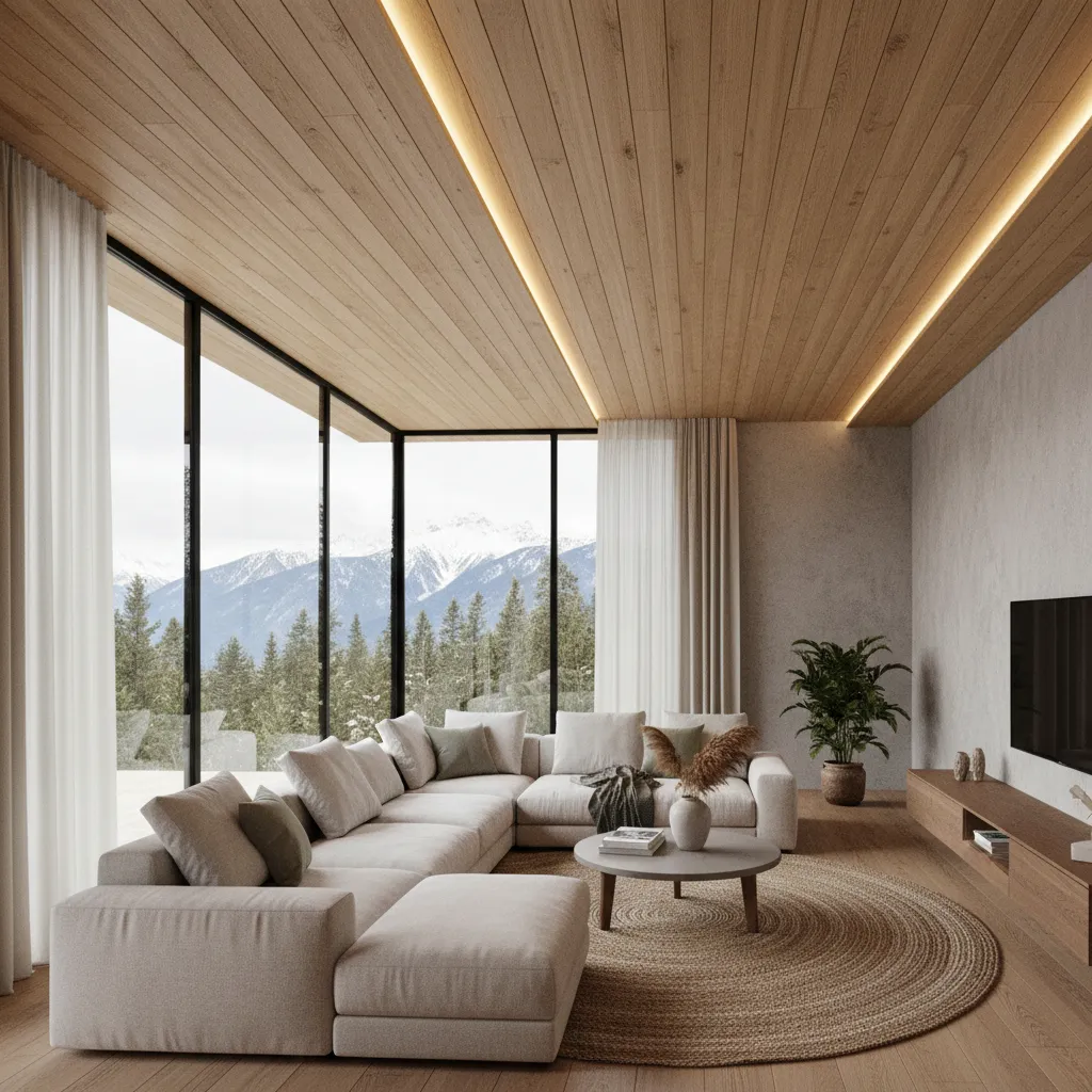 Salón con techo de listones de madera y diseño moderno