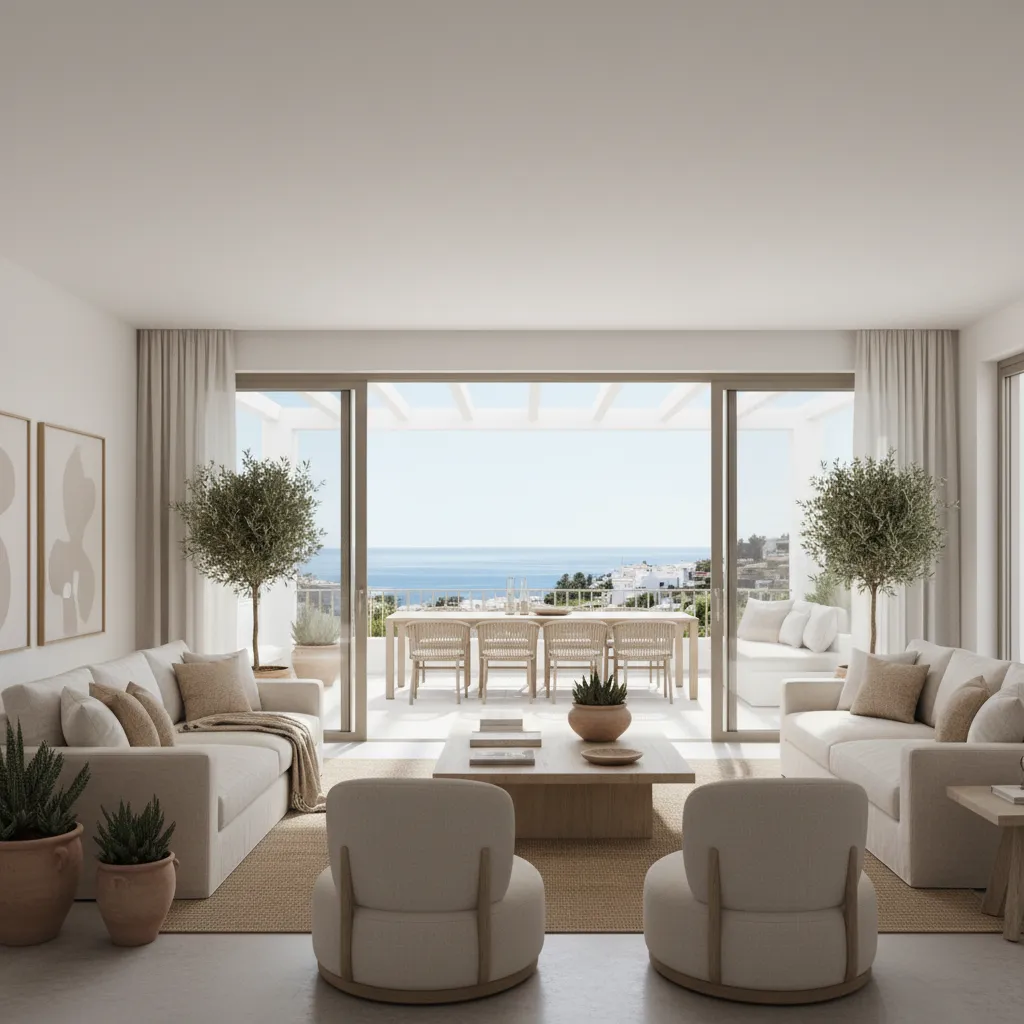 Salón luminoso conectado con terraza en una vivienda mediterránea