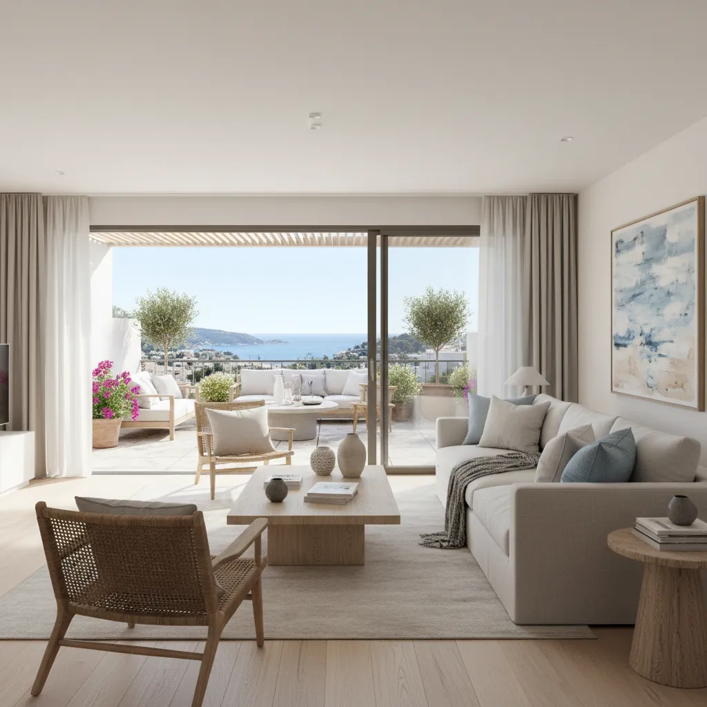 Salón conectado con terraza en un apartamento de Sitges