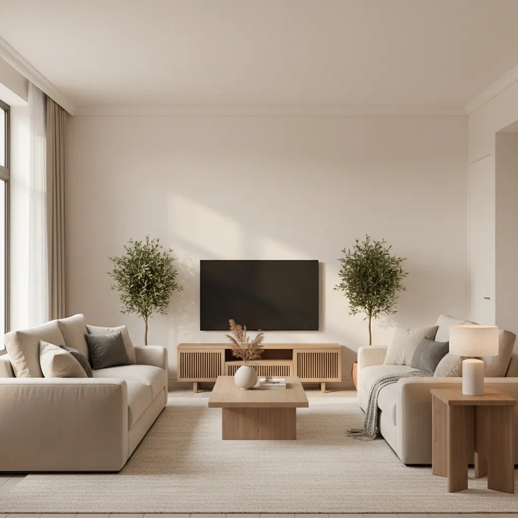 Salón luminoso con paredes crema, sofá claro y muebles de madera natural