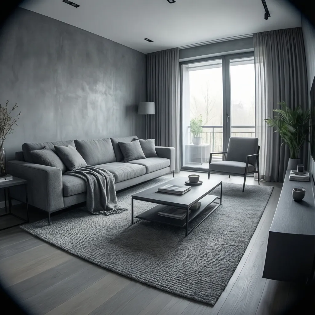 Dark grey living room with grey sofa black coffee table armchair rug and balcony door