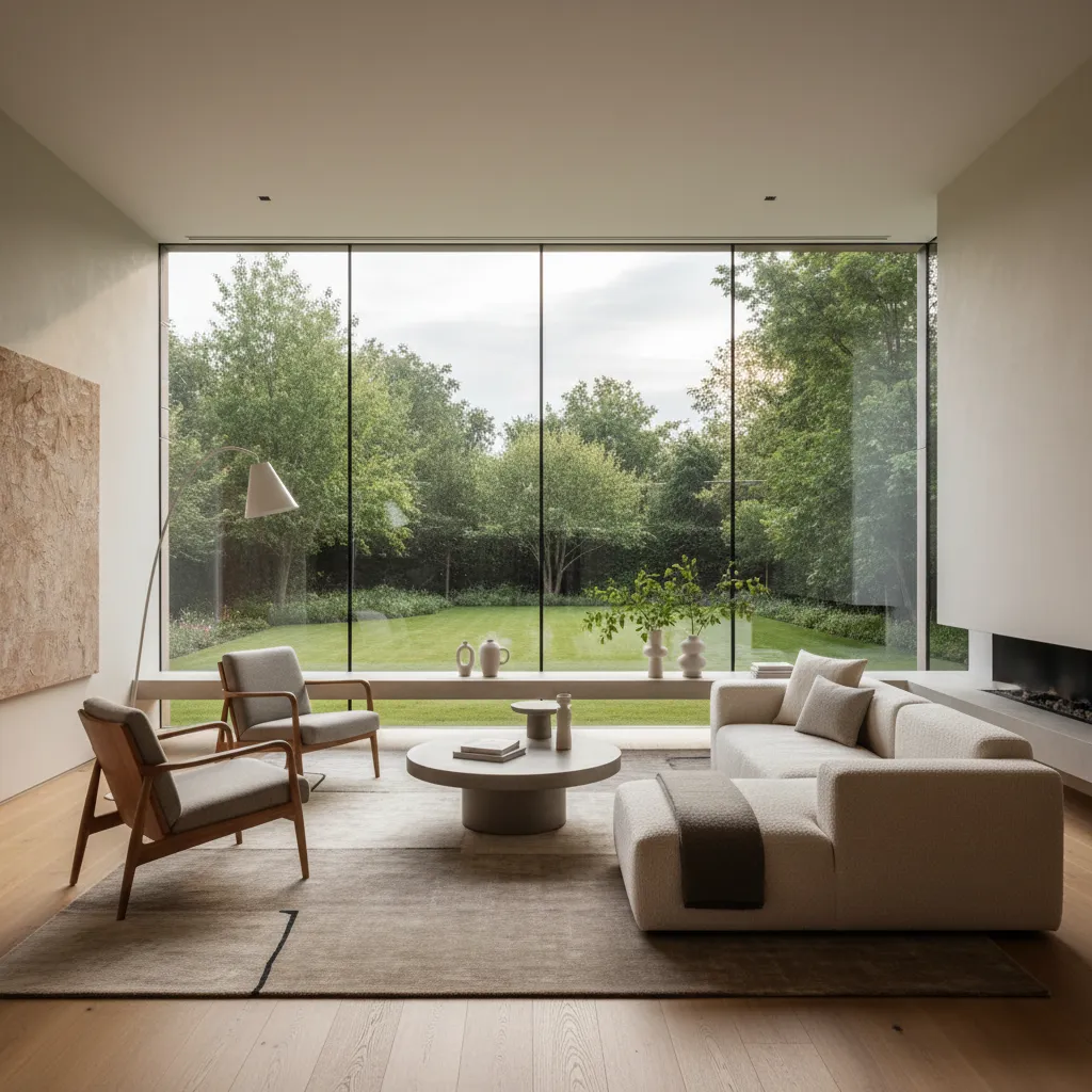 Salón moderno con gran ventanal y vista al jardín