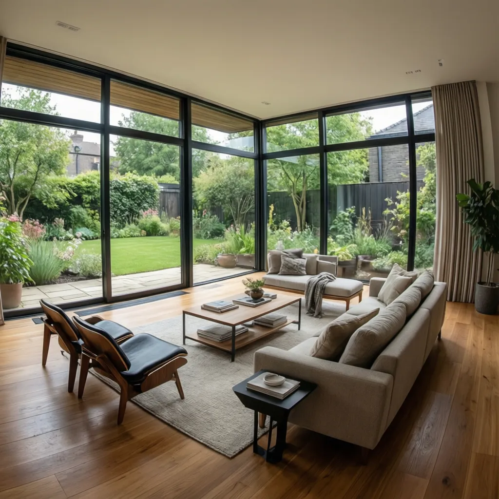 Salón moderno con grandes ventanales y vistas al jardín