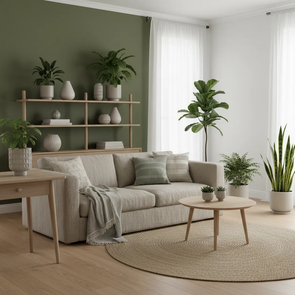 Salón contemporáneo con pared verde oliva y muebles de madera clara
