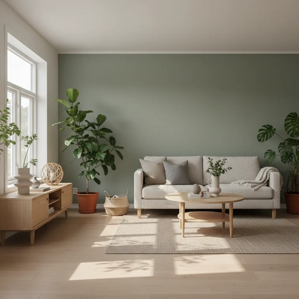 Salón con pared verde salvia y muebles de madera clara