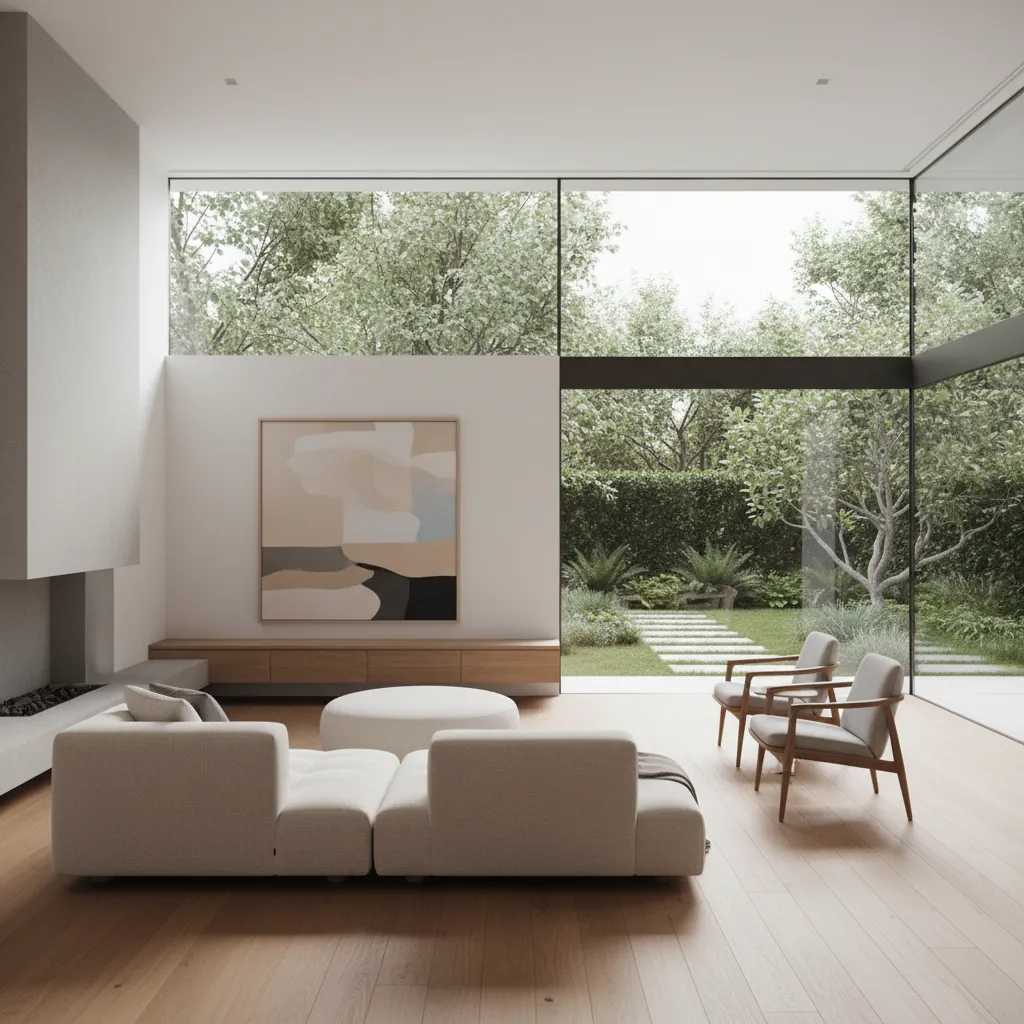Salón amplio en vivienda unifamiliar con grandes ventanales y mobiliario moderno