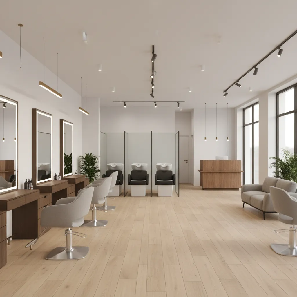 Hair salon interior showing workflow between styling chairs and shampoo area
