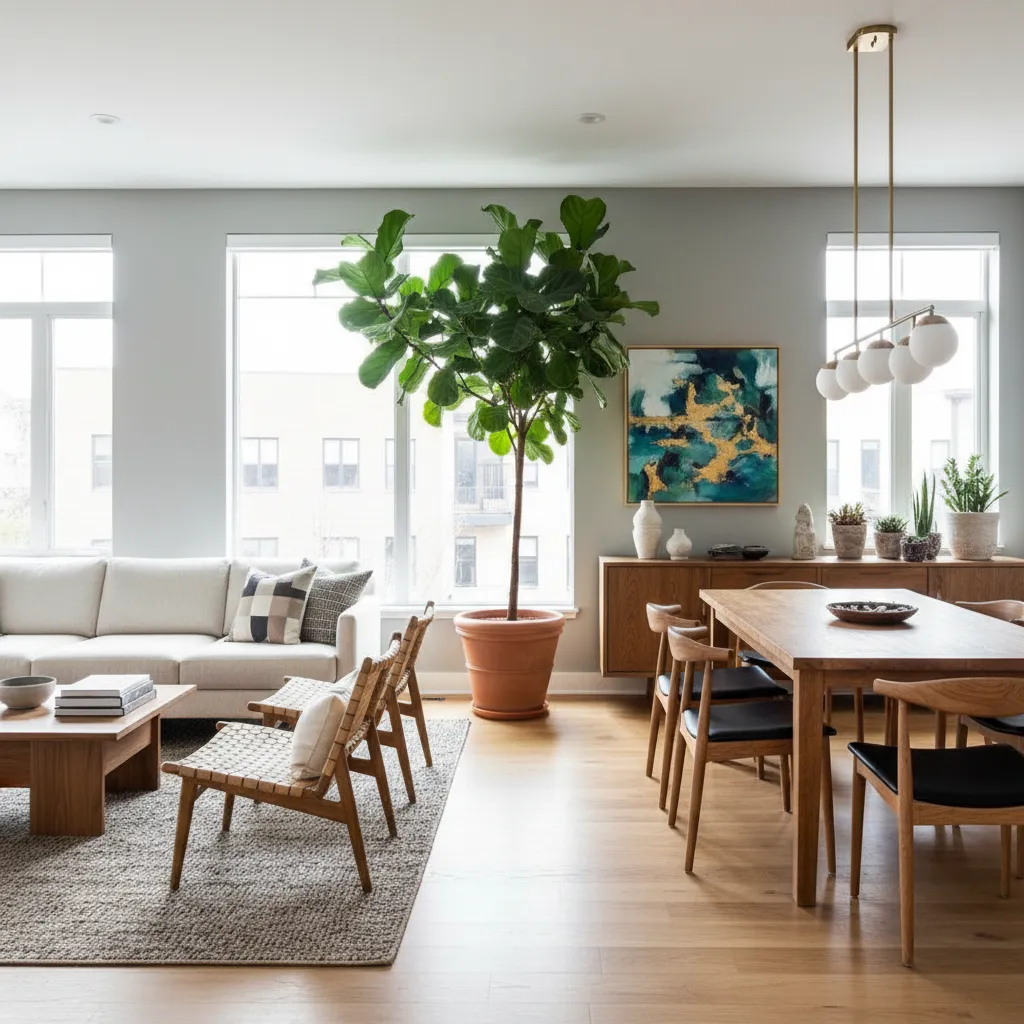 Salón abierto donde una planta grande separa dos zonas