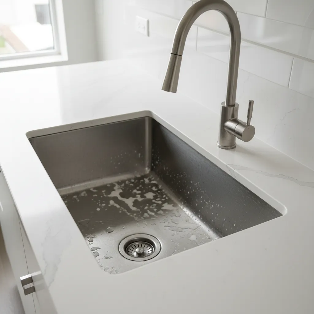 White mineral salt stains visible on stainless steel kitchen sink surface