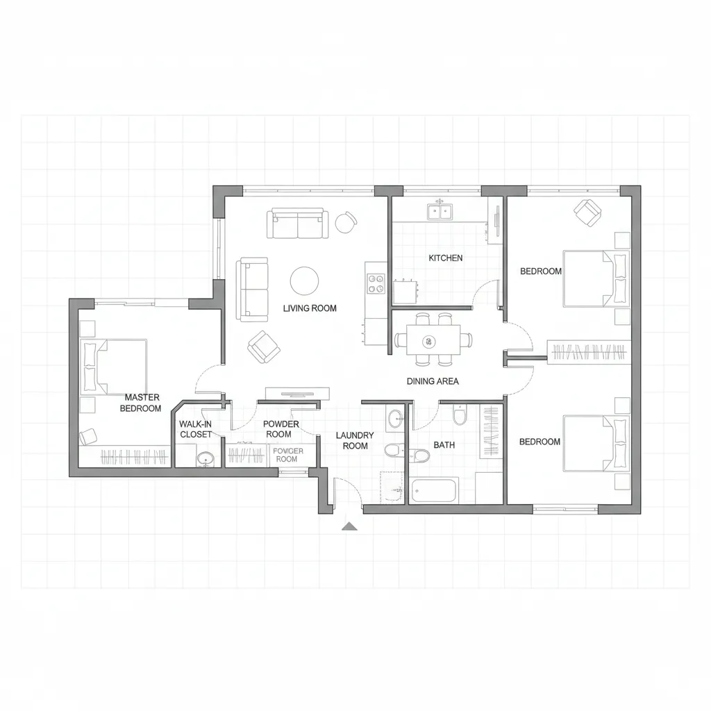 Sample residential floor plan layout with labeled living room kitchen bedroom and circulation paths