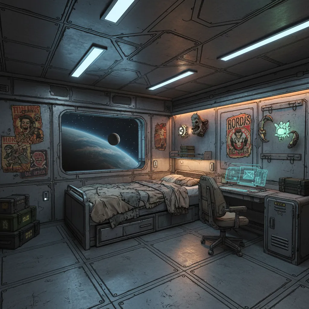 Borderlands style spaceship player room with wall decoration hooks